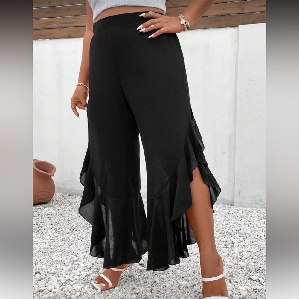 Elegant Black Ruffle Hem Pants